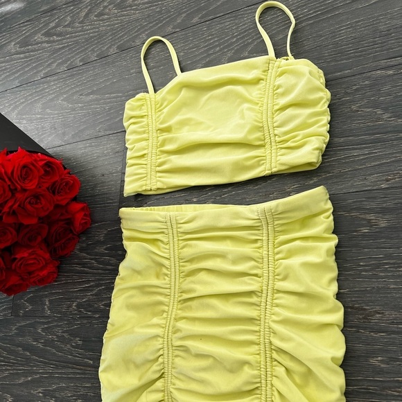 Lemon Yellow Ruched Set – Top & Skirt Summer Fit - Picture 2 of 4